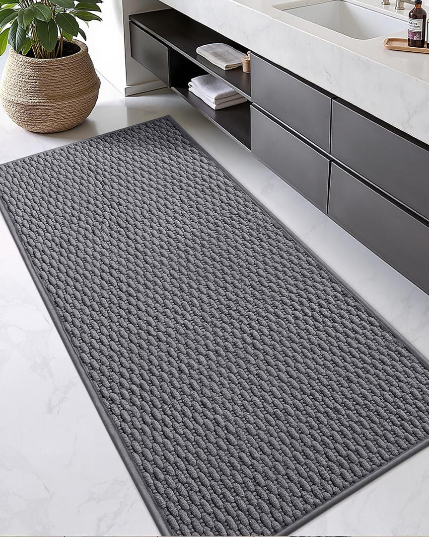 Color&Geometry Bathroom Rugs with Rubber Backing, Non Slip Machine Washable Bath Mat, Soft Absorbent Chenille Boho Carpet for Bathroom Floor, Tub and Shower,17"x47", Dark Grey