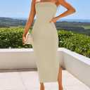 ZESICA Women's 2026 Summer Strapless Bodycon Midi Dress Off Shoulder Sleeveless Side Slit Tube Long Club Party Dresses (Beige, S)