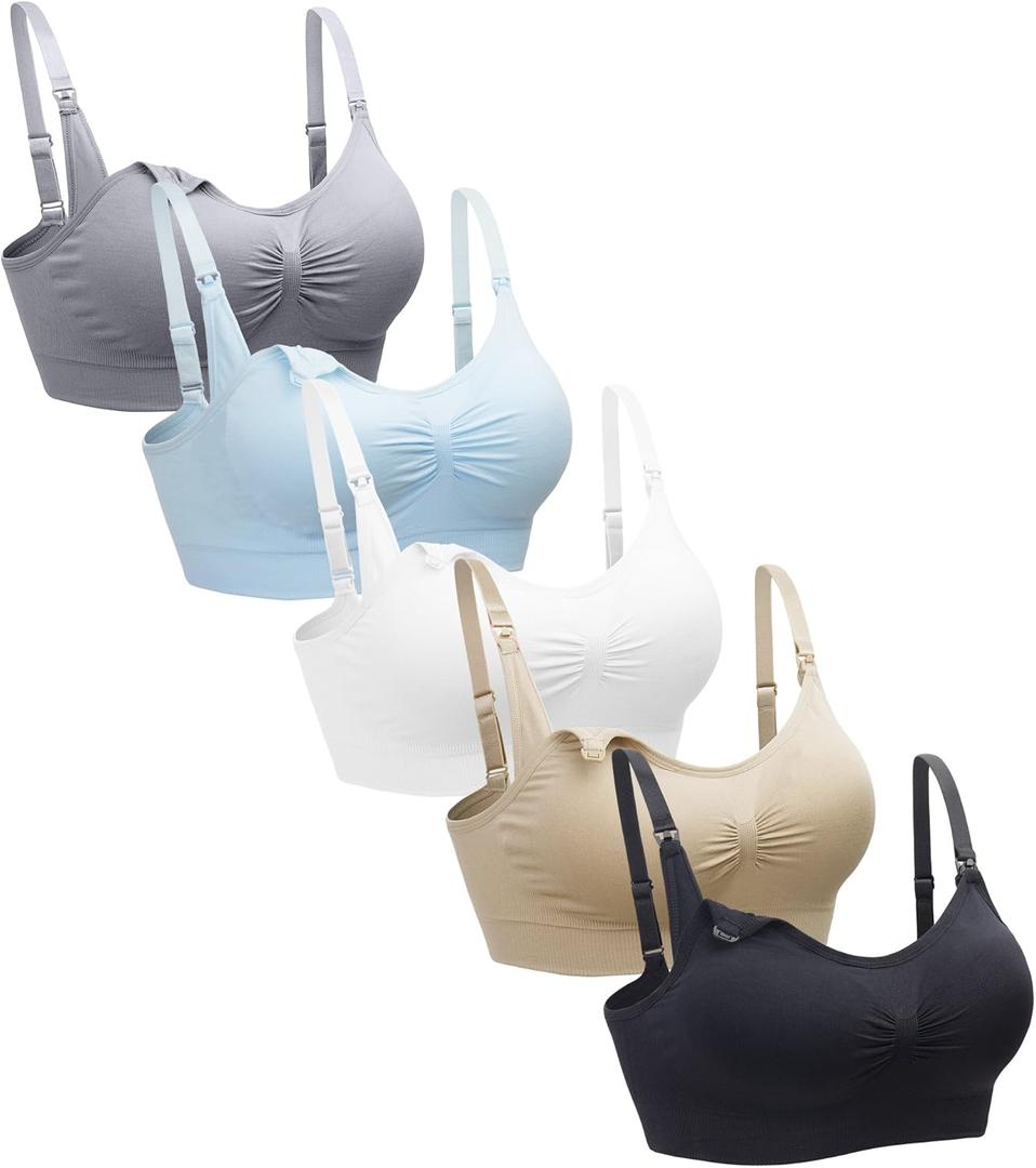 Suekaphin 5PACK Nursing Bra Wireless Bra Women's Sleeping Maternity Bra Breastfeeding Bra (3X-Large Plus, Black/Nude/Gray/White/Lightblue)