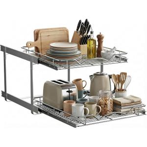 2-Tier Pull-Out Cabinet Organizer with Heavy-Duty Steel Frame, Full-Extension Sliding Shelves, Holds 100 lbs, Easy Install for Kitchen, Pantry & Under Sink Cabinets, 20" W x 21D x 16.5" H