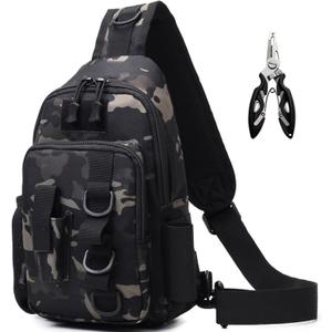 Fishing Sling Bag - Small Fishing Tackle Storage Bags with Rod Holder (Green Camo)