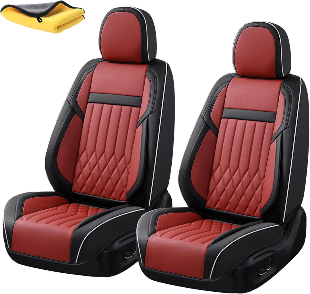 KEYOOG 2-Seater Waterproof and Breathable Nappa Leather Car Seat Covers Full Set, Fit for Front Seats of Cars, Compatible with Airbags, Car Seat Protector Covers for Most Cars - Black Red
