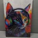 Cat Canvas Wall Art Graffiti Wall Decor Framed Funny Cat Listen to Music Picture Pet Painting Modern Pop Prints for Living Room Home Office Ready to Hang - 16.00"x24.00"