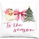 Pink Christmas Pillow Covers 18x18, Girly Christmas Decor, Coquette Glitter Pink Bow Xmas Tree Santa Decorative Throw Pillow Covers for Girls Bedroom Living Room Home (Color 01)