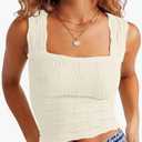 DouBCQ Women Cute Crop Tank Top Square Neck Wide Strap Vest Slim Fit Floral Lettuce Trim Cropped Cami Tops, Size L