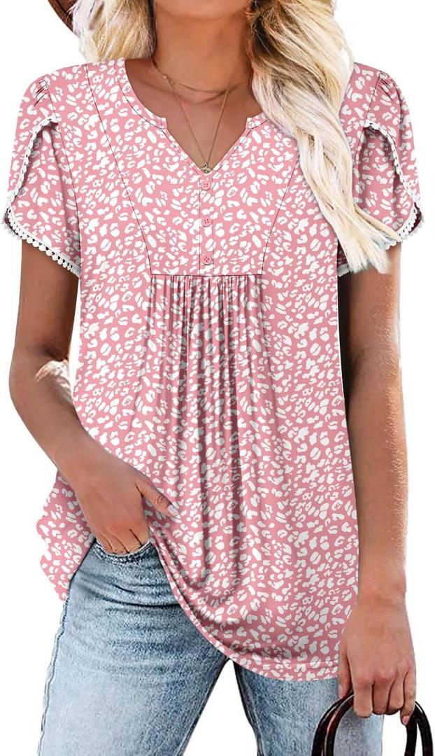 BETTE BOUTIK Women's Pink Leopard Large Tunic Shirt with Henley V Neck, Short Sleeves, Comfortable Stretch Fabric, Perfect for Casual, Party, Vacation, L