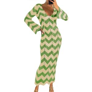 Saodimallsu Womens Striped Bodycon Beach Dress V Neck Tie Front Bell Sleeve Crochet Cover Up Vacation Long Dresses (Green) Saodimallsu Womens Striped Bodycon Beach Dress V Neck Tie Front Bell Sleeve Crochet Cover Up Vacation Long Dresses (Green)