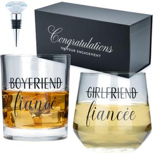 Engagement Gifts for Couples - Unique Fiance Gifts for Him or Her! Whiskey Wine Glasses with Diamond Wine Stopper
