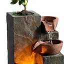 Tabletop Indoor Water Fountain 3-Tier Rock Waterfall Fountain with Warm LED Light and DIY Planting Pot Relaxing Small Water Feature for Desk or Home Decor (23061)