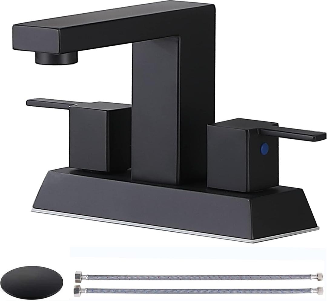 Friho Matte Black Bathroom Sink Faucet, 4 inch Bathroom Faucets for Sink 3 Hole with Water Hoses and Pop up DrainStainless Steel 2-Handle Centerset Bathroom Faucet for Vanity RV Restroom, FR2DST201B