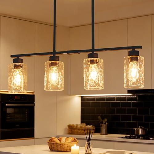 Hammered Glass Dining Room Light Fixture Chandelier Over Table, 4-Light Island Lights for Kitchen, 30" Black Pendant Lights Kitchen Island Lighting, Linear Modern Farmhouse Chandeliers for Dining Room