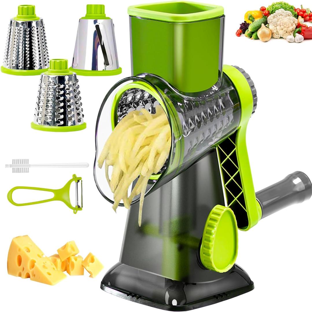 Cheese Grater with Handle, Multifunctional Manual Rotary Cheese Grater - Cheese Shredder Easily Chop Carrots, Potatoes, Vegetables and Fruits and Easy to Clean(Grey green)