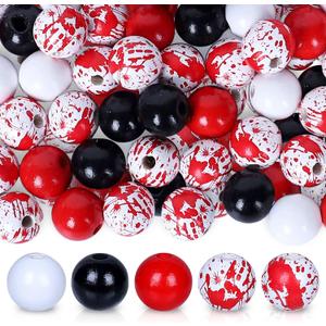 Whaline 150Pcs Halloween Wood Beads Set Red Black White Wooden Focal Beads Blood Splash Wood Beads Halloween Craft Spacer Beads for DIY Decoration Supplies Bead Garland Making