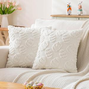 Set of 2 White Easter Egg Faux Fur Throw Pillow Covers 18x18 inches Velvet Spring Pillow Covers for Couch Bedroom Decorations Fluffy Floral Pillowcases for Farmhouse