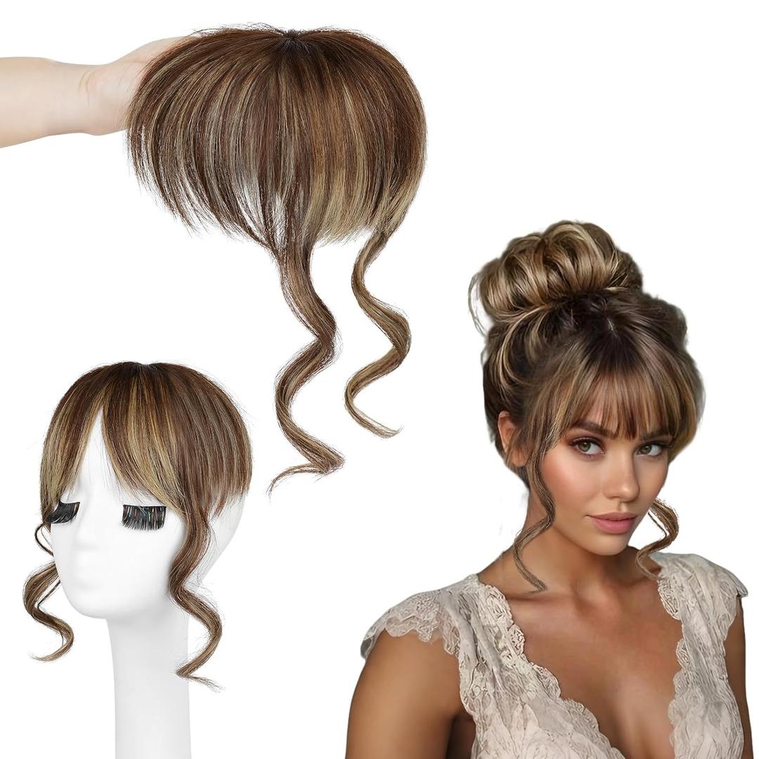 Flufymooz 100% Human Hair Clip In Bangs,360Real Human Hair Toppers for Women Natural Fringe Extensions with Invisible Clips-Chocolate Brown with Blonde