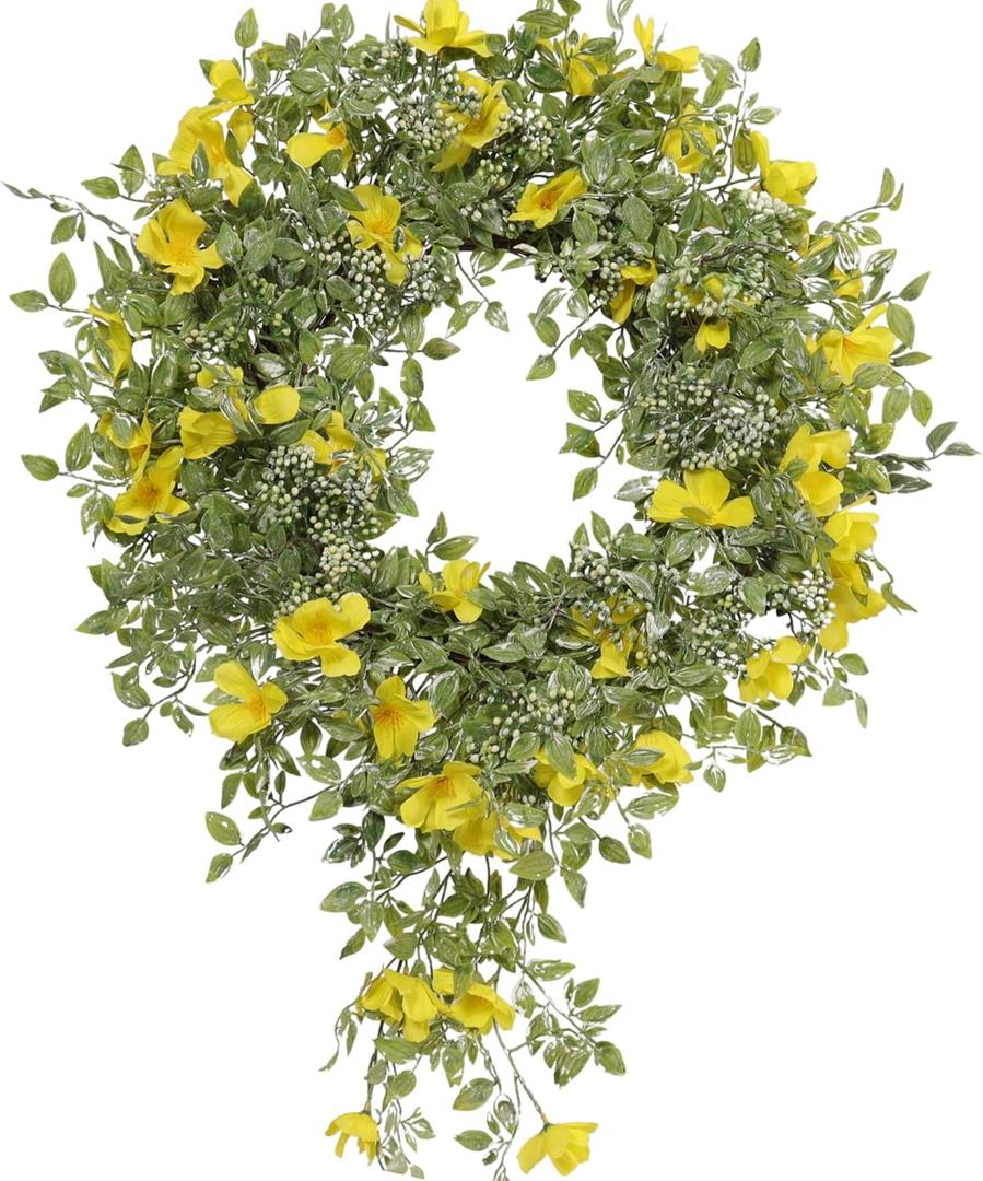 22" Spring Wreath with Swag Tail for Front Door, Vibrant Yellow Silk Forsythia & Greenery Cascading Design on Natural Grapevine Base, Rustic Farmhouse Dcor