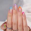 BTArtbox Press On Nails Short - Soft Gel French Tip Press On Nails, Colorful Almond Glue On Nails, Reusable Stick On Nails in 16 Sizes, Neon Rainbow French