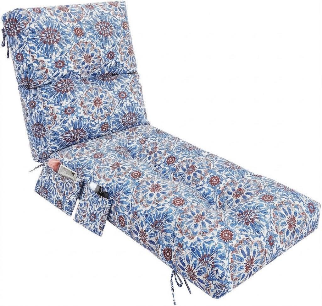 Kigley Outdoor Chaise Lounge Cushion Pocket, Blue Retro, Patterned