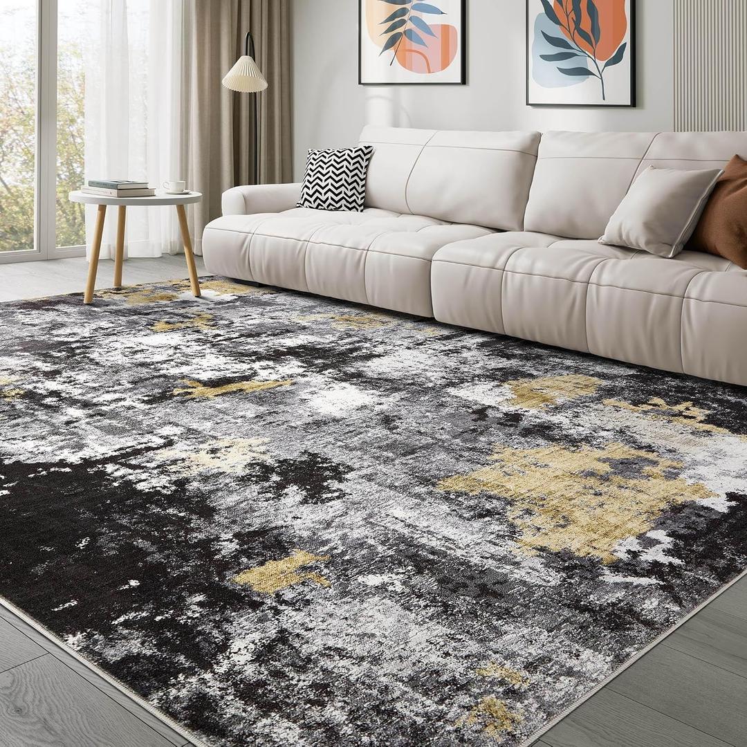 Washable Rug 8x10 Area Rugs for Living Room: Modern Abstract Neutral Soft Carpet for Bedroom Dining Room Under Kitchen Table Home Office Decor - Black Gold