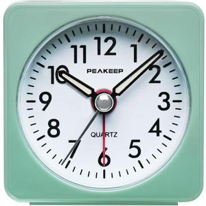 Peakeep Ultra Small, Battery Travel Alarm Clock with Snooze and Light, Silent with No Ticking Analog Quartz (Aquamarine)