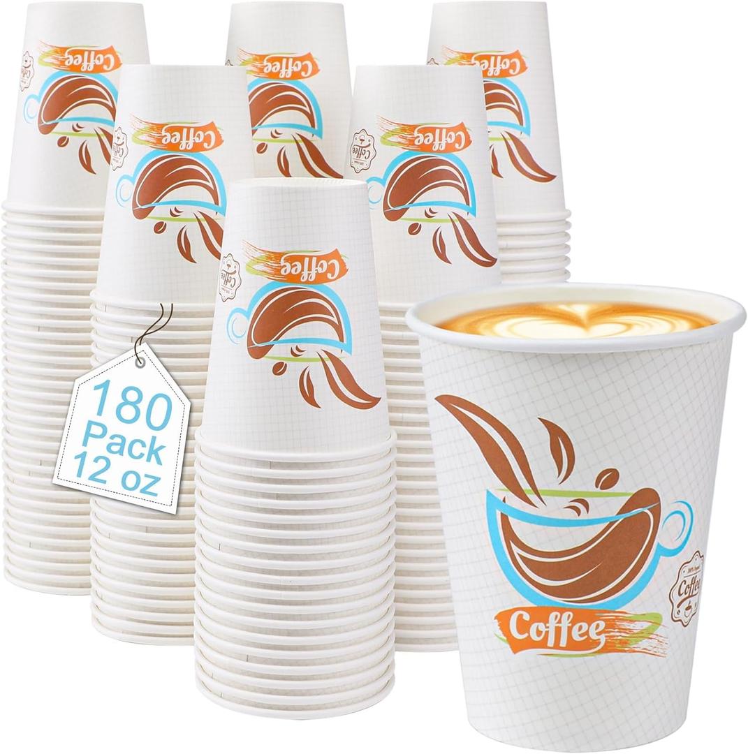 Lamosi 180 Pack 12 oz Coffee Cups, Paper Coffee Cups 12 oz, Disposable Leakproof Cup for Cold Drinks or Hot Beverages
