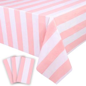 Kesfey 3 Packs Pink and White Horizontal Striped Table Cloth 54 x 108 Inches Pink Stripe Tablecloths Disposable Plastic Stripe Table Covers Waterproof Rectangle Picnic Tablecover for Birthday Party