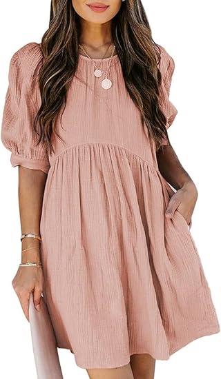 Dokotoo Womens Summer Crewneck Puff Sleeve Babydoll Elegant Empire Waist Mini Swing Skater Dresses with Pockets, 1 Pink, S