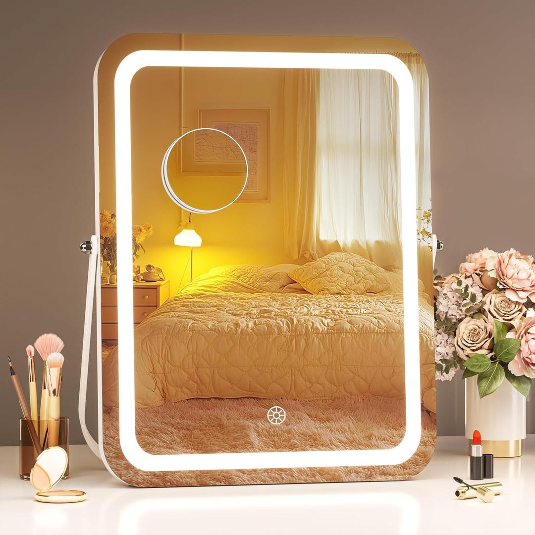 Hasipu Vanity Mirror with Lights, 12" x 14" LED Makeup Mirror, 3 Modes Light, Smart Touch Control Dimmable, 360Rotation, Rectangle White Frame, with 5X Magnifying Glass