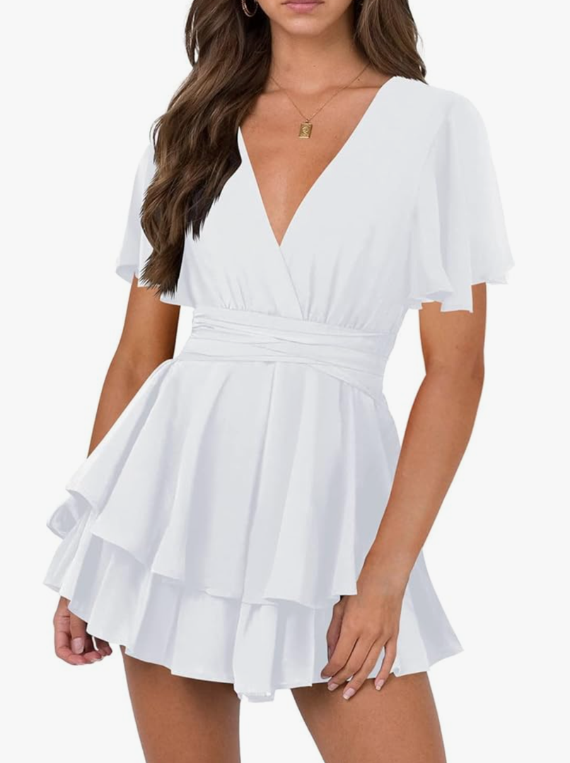 Women's Long Lantern Sleeve Plunging V Neck Dress Tie Waist Layer Ruffle Hem A Line Swing Casual Short Mini Dress XS