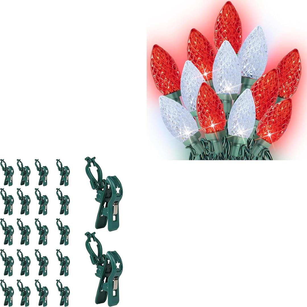 Dazzle Bright 100 Pack C7 C9 Lights Spring Clips + 100 LED Red and White C9 Christmas String Lights