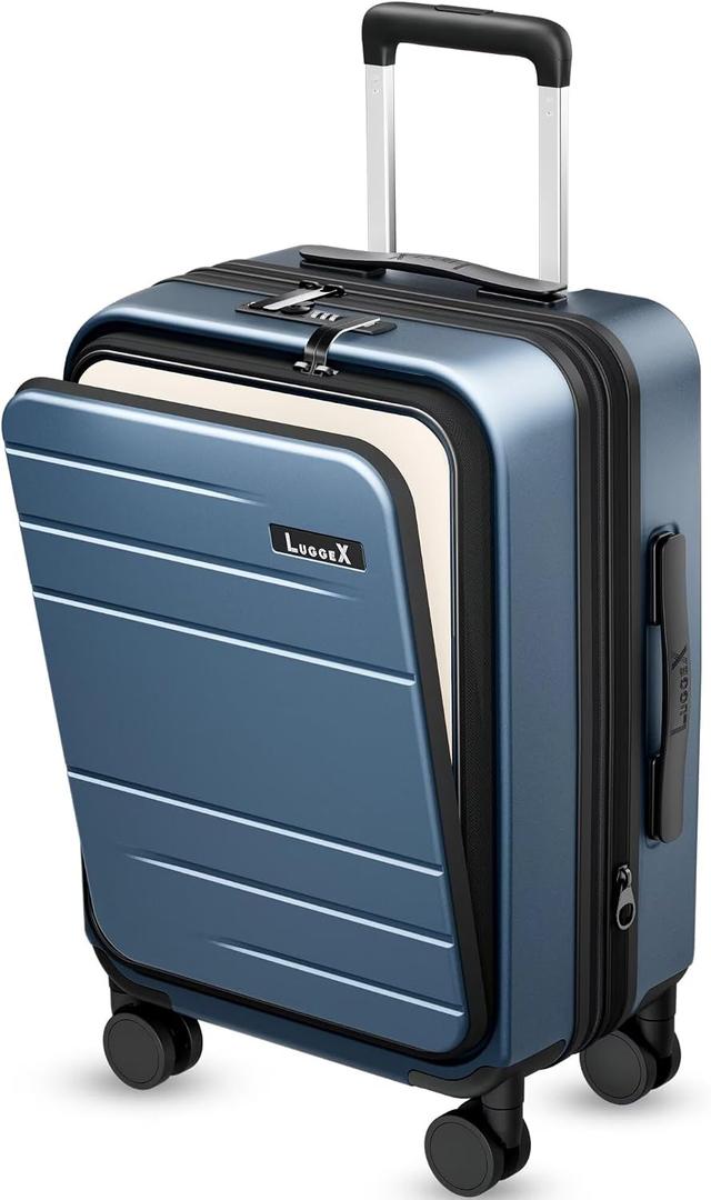 LUGGEX Carry On Luggage 22x14x9 Airline Approved, FLO5 Expandable Polycarbonate Suitcase with Front Pocket (FX-Core, Blue, 20 Inch), 20 Inch-EXT