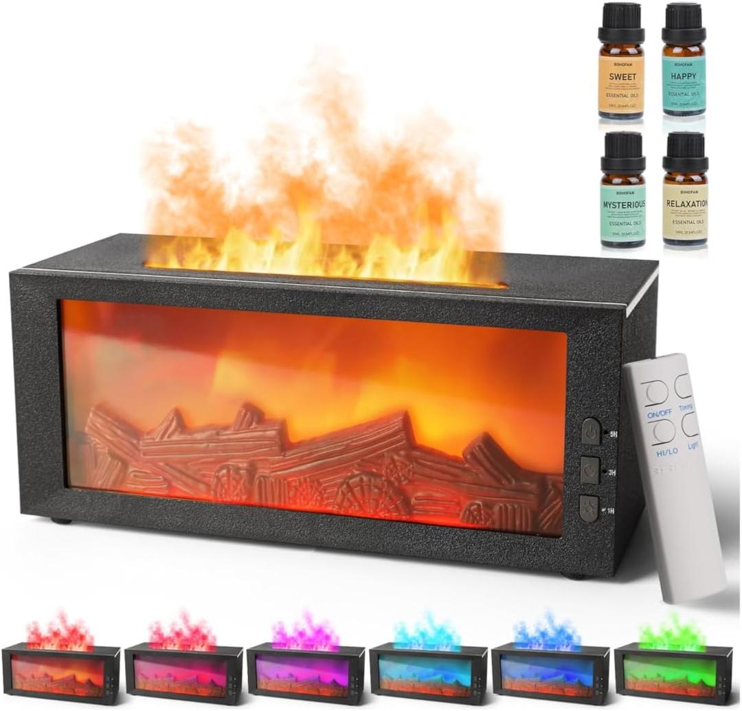 BOHOFAM Fireplace Essential Oil Aroma Diffuser,Flame Air Humidifiers 300ML,14-Hour Runtime,Colorful Flame Diffusers for Home, Hotel Collection Diffuser Oils for Bedroom(Black)