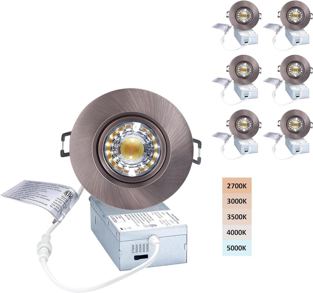 Premium Canless Recessed Gimbal Downlight Rotatable-Spotlight 5 CCT 3 Inch Eyeball Ceilling Potlight, Dimmable Recessed Lights Fixture with Junction Box, 8W, Oil Rubbed Bronze, 6P
