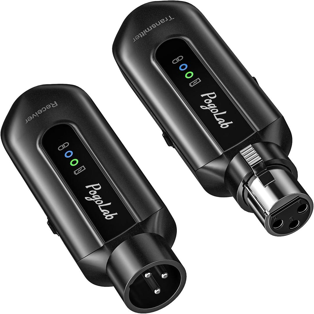 POGOLAB Wireless Microphone Transmitter Receiver 2.4Ghz, Wireless XLR Microphone System, Rechargeable Mic Adapter for Audio Mixer, Dynamic Mic, 48V Phantom Power for Condenser Mic (Black)