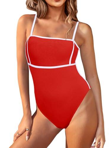 Saodimallsu Womens One Piece Swimsuit Color Block Spaghetti Strap Ribbed Tummy Control Bathing Suits High Cut Swimwear Medium