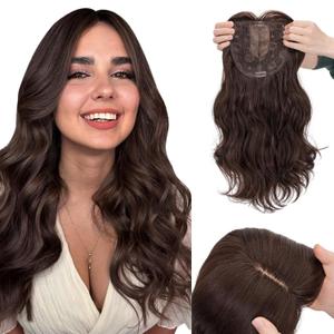 Hairro 18 Inch Long Hair Toppers Wavy with Side Bangs for Women, Clips In Synthetic Hairpieces Capless, for Adding Volume/Birthday/Party/Halloween/Cosplay Dress Up, Dark Brown