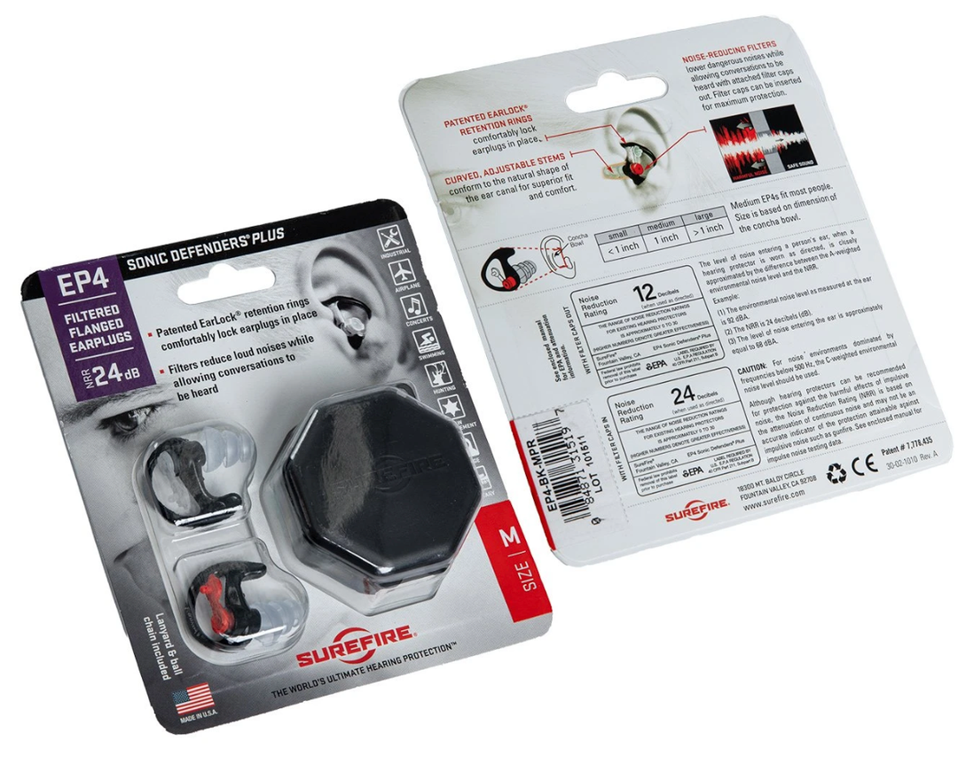 SureFire EP4 Sonic Defenders Plus filtered Earplugs, triple flanged design, reusable, Black, Medium