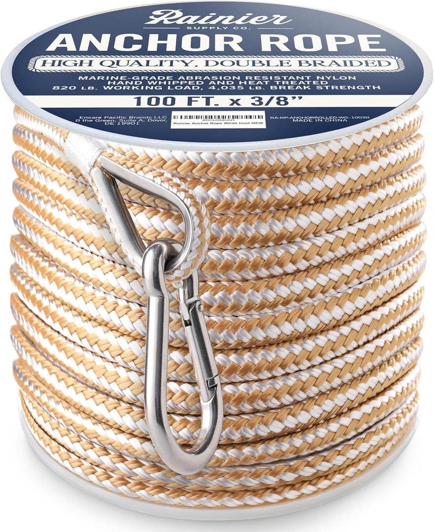 RainierSupplyCo Boat Anchor Rope - Double Braided Marine Rope Anchor Line - 100/150 / 200/300 ft Nylon Boating Line with 316 Stainless Steel Thimble and Heavy Duty Marine Grade (White Gold)