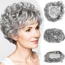 Breathable Short Curly Topper Hair Piece for Women with Thinning Hair Real Human Hair,Silver Gray Color Natural Layered Short Curly Human Hair Topper Clip in Hairpiece Wiglet (5")