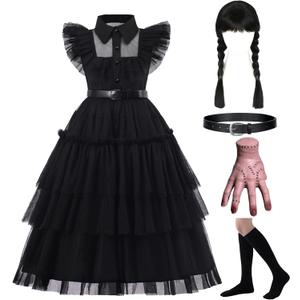 Black Costume Dress, 3-13 Years Girls Outfits with Accessories Dress Up Set, Family Halloween Cosplay Party (4-5 years)