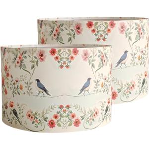 Drum Flower Lamp Shades for Table Lamps 12" Top x 12" Bottom x 8" High Linen Lampshade set of 2 Lamp Shade with E27 to E26/E14 Adapters for Floor Lamps Bedside Lamps, Assembly Required (pattern 9)