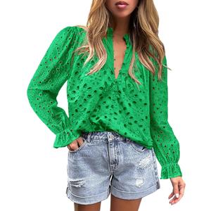 PRETTYGARDEN Women's Dressy Casual Blouse Tops Fall Spring Puff Long Sleeve Button V Neck Hollow Out Lace Embroidered Shirts (Green, S)