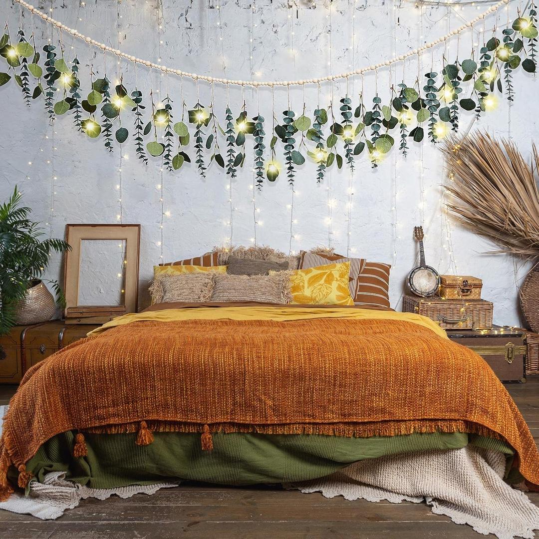 Eucalyptus Wall Decor with Led Light Wall Hanging Wooden Bead Garland Boho Nursery Decor Artificial Greenery Decor Modern Farmhouse Bathroom Decor Green Leaves Room Decor for Home Bed Decorations