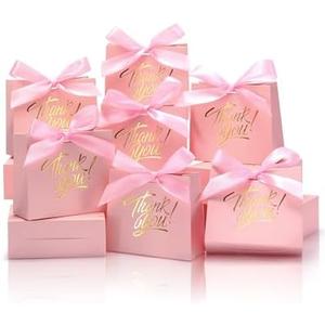 DOYIDE 29 Pack Small Thank You Gift Bags, 4.5x1.8x3.9in Party Favor Bags with Bow Ribbon, Mini Paper Gift Bag with Gold Foil Printed, Pink Treat Boxes for Birthday Wedding Bridal Baby Shower