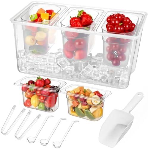 Maxdot 3 Containers Ice Chilled Condiment Tray Server Condiment Caddy Organizer with Lids Spoons Clip Ice Shovel, Large Bar Fruit Caddy for Mimosa Bar Supplies Taco Salad Party Garnish (2pcs)