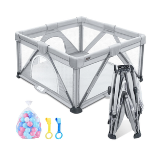 ANGELBLISS Baby Playpen, Foldable Playpen for Babies and Toddlers, Indoor & Outdoor Baby Activity Center with Visible Breathable Mesh, Portable Play Yard with 2 Handlers+50 Balls-59”×71”（Grey）
