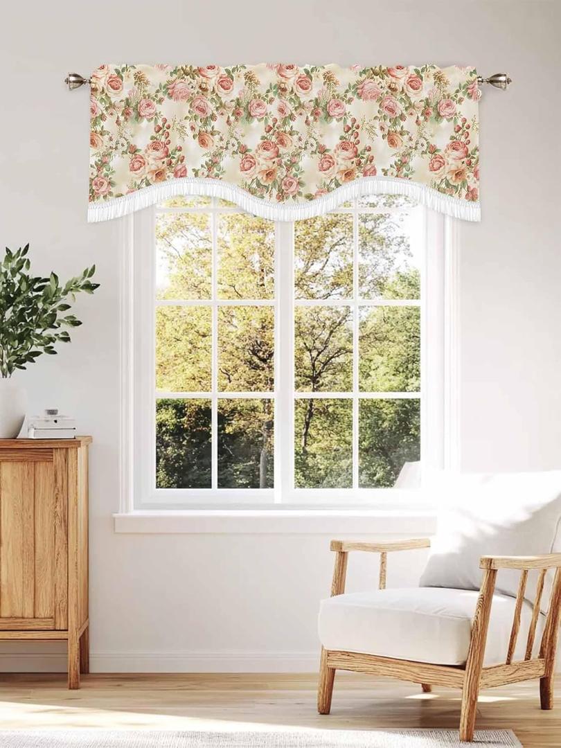 Fall Flower Valance Peony Floral Curtain Valances,Rod Pocket Kitchen Window Valances with Tassel,Summer Watercolor Leaf Valance Curtains for Living Room Oil Painting Style Abstract Curtains 54x18In
