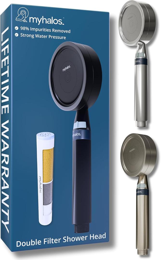 MyHalos Handheld Filtered Shower Head with Handheld Handle - High Pressure Shower Heads With Filter To Reduce Chlorine & Soften Water - Easy to Install Detachable Filtered Shower Head For Hard Water (Black)