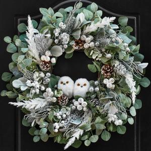 Winter Wreath for Front Door, 24 Inch Christmas Wreath with Owl Decor, Pine Cones, and Evergreen Greenery, Festive Winter Door Decor, Artificial Holiday Farmhouse Rustic Wreath