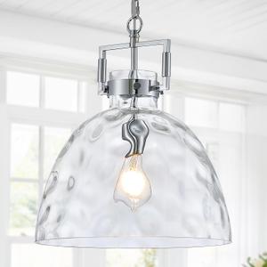 Glass Pendant Light, 13.8 Inch Single Hanging Ceiling Light with Adjustable Chain, E26 Base Oversized Hammered Clear Glass Kitchen Island Pendant Lighting in Polished Chrome for Dining Room, Entryway, 14 inches